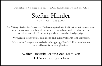 Traueranzeige von Stefan Hinder von Der Westallgäuer