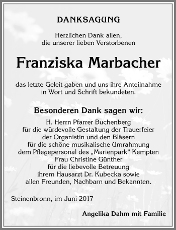Traueranzeige von Franziska Marbacher von Allgäuer Zeitung,Kempten