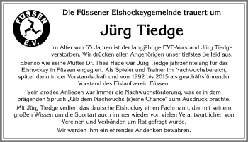 Traueranzeige von Jürg Tiedge von Allgäuer Zeitung, Füssen