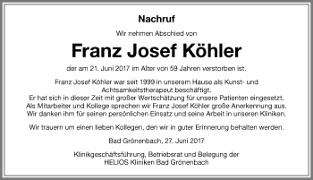 Traueranzeige von Franz Josef Köhler von Memminger Zeitung