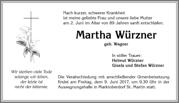 Traueranzeige von Martha Würzner von Allgäuer Zeitung, Marktoberdorf
