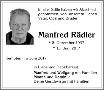 Traueranzeige von Manfred Rädler von Allgäuer Zeitung,Kempten