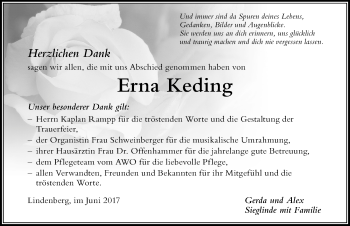 Traueranzeige von Erna Keding von Der Westallgäuer