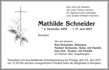 Traueranzeige von Mathilde Schneider von Allgäuer Zeitung,Kempten