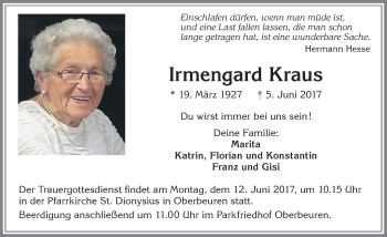 Traueranzeige von Irmengard Kraus von Allgäuer Zeitung, Kaufbeuren/Buchloe