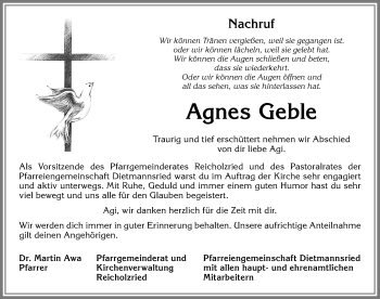 Traueranzeige von Agnes Geble von Allgäuer Zeitung,Kempten