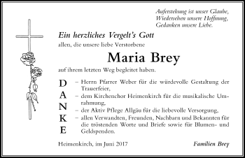 Traueranzeige von Maria Brey von Der Westallgäuer