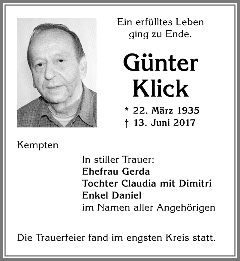  Traueranzeige für Günter Klick vom 24.06.2017 aus Allgäuer Zeitung,Kempten