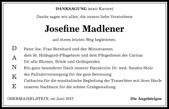 Traueranzeige von Josefine Madlener von Allgäuer Anzeigeblatt