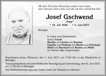 Traueranzeige von Josef Gschwend von Allgäuer Zeitung,Kempten