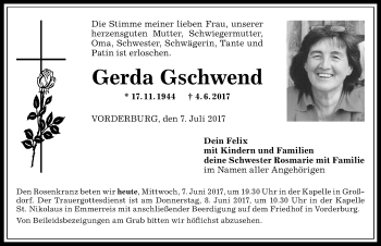 Traueranzeige von Gerda Gschwend von Allgäuer Anzeigeblatt