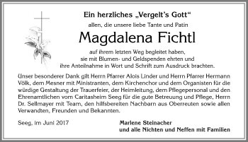Traueranzeige von Magdalena Fichtl von Allgäuer Zeitung, Füssen