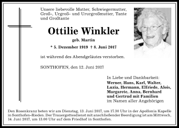 Traueranzeige von Ottilie Winkler von Allgäuer Anzeigeblatt