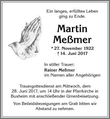 Traueranzeige von Martin Meßmer von Memminger Zeitung