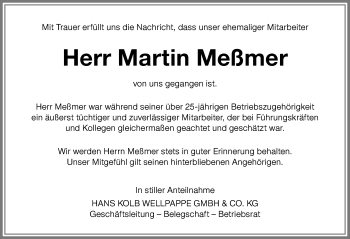 Traueranzeige von Martin Meßmer von Memminger Zeitung