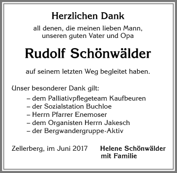 Traueranzeige von Rudolf Schönwälder von Allgäuer Zeitung, Kaufbeuren/Buchloe