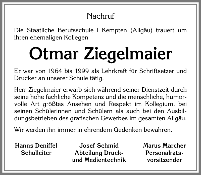  Traueranzeige für Otmar Ziegelmaier vom 28.06.2017 aus Allgäuer Zeitung,Kempten