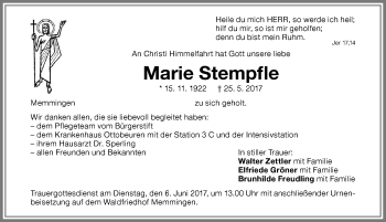 Traueranzeige von Marie Stempfle von Memminger Zeitung