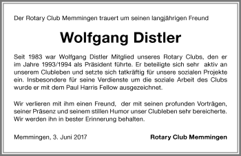 Traueranzeige von Wolfgang Distler von Memminger Zeitung