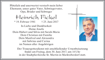 Traueranzeige von Heinrich Fickel von Allgäuer Zeitung, Marktoberdorf