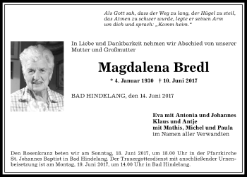 Traueranzeige von Magdalena Bredl von Allgäuer Anzeigeblatt
