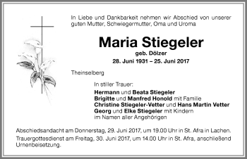 Traueranzeige von Maria Stiegeler von Memminger Zeitung