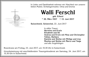 Traueranzeige von Walli Ferschl von Allgäuer Zeitung, Marktoberdorf
