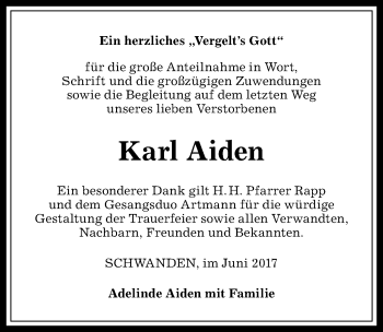 Traueranzeige von Karl Aiden von Allgäuer Anzeigeblatt