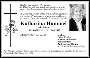 Traueranzeige von Katharina Hummel von Allgäuer Anzeigeblatt