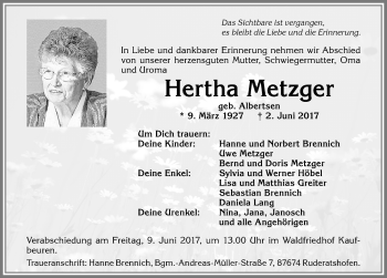 Traueranzeige von Hertha Metzger von Allgäuer Zeitung, Kaufbeuren/Buchloe