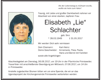 Traueranzeige von Elisabeth Schlachter von Der Westallgäuer