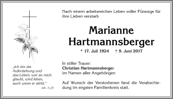Traueranzeige von Marianne Hartmannsberger von Allgäuer Zeitung,Kempten