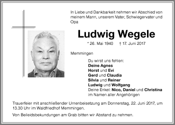 Traueranzeige von Ludwig Wegele von Memminger Zeitung