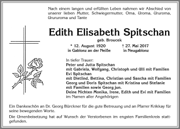 Traueranzeige von Edith Elisabeth Spitschan von Allgäuer Zeitung, Kaufbeuren/Buchloe