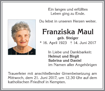 Traueranzeige von Franziska Maul von Allgäuer Zeitung,Kempten