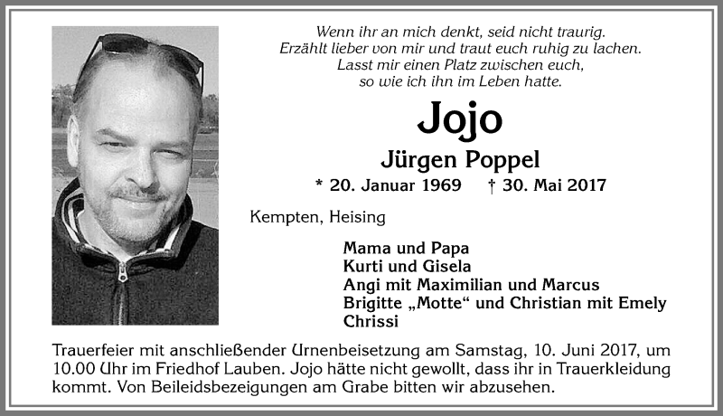  Traueranzeige für Jürgen Poppel vom 06.06.2017 aus Allgäuer Zeitung,Kempten