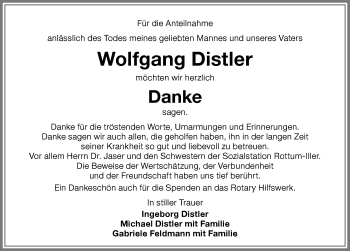 Traueranzeige von Wolfgang Distler von Memminger Zeitung