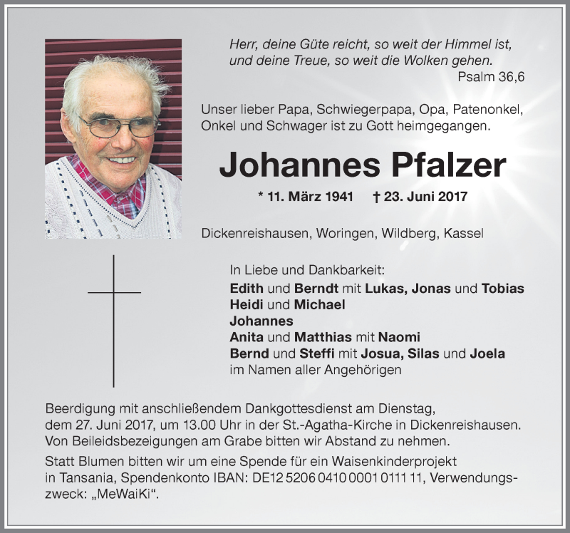  Traueranzeige für Johannes Pfalzer vom 26.06.2017 aus Memminger Zeitung