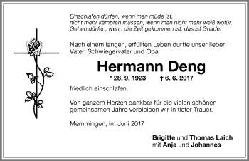 Traueranzeige von Hermann Deng von Memminger Zeitung