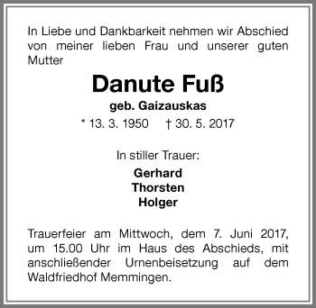 Traueranzeige von Danute Fuß von Memminger Zeitung