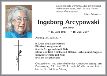 Traueranzeige von Ingeborg Arcypowski von Allgäuer Zeitung, Marktoberdorf