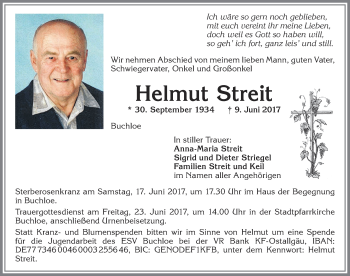 Traueranzeige von Helmut Streit von Allgäuer Zeitung, Kaufbeuren/Buchloe