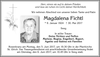 Traueranzeige von Magdalena Fichtl von Allgäuer Zeitung, Füssen
