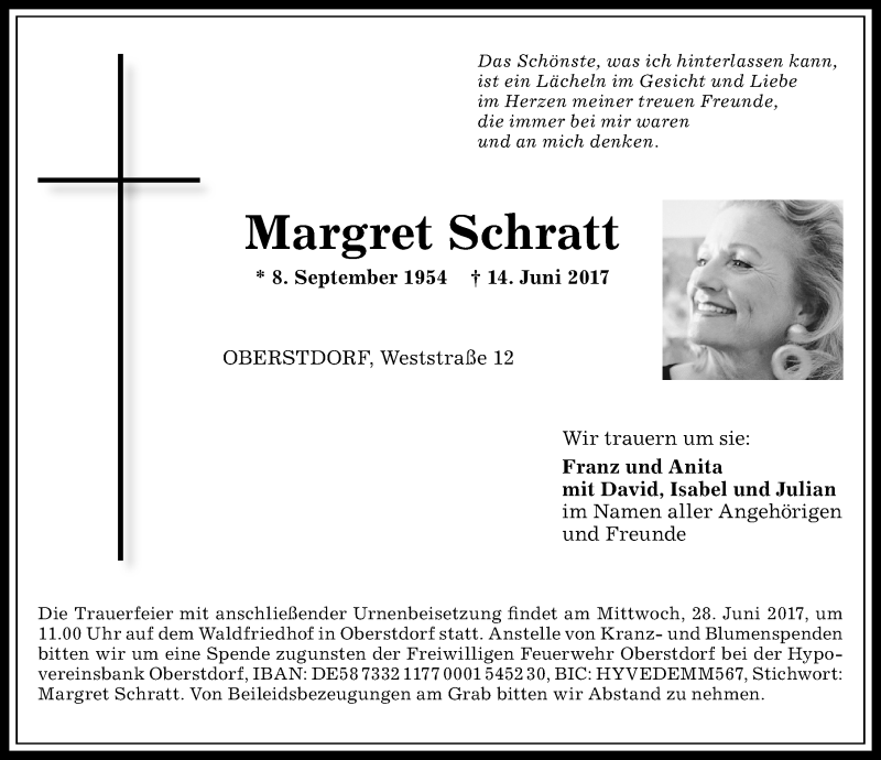  Traueranzeige für Margret Schratt vom 26.06.2017 aus Allgäuer Anzeigeblatt