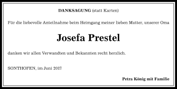 Traueranzeige von Josefa Prestel von Allgäuer Anzeigeblatt