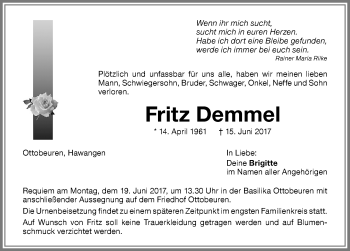 Traueranzeige von Fritz Demmel von Memminger Zeitung