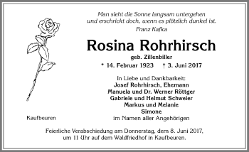 Traueranzeige von Rosina Rohrhirsch von Allgäuer Zeitung, Kaufbeuren/Buchloe