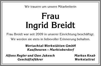 Traueranzeige von Ingrid Breidt von Allgäuer Zeitung, Kaufbeuren/Buchloe