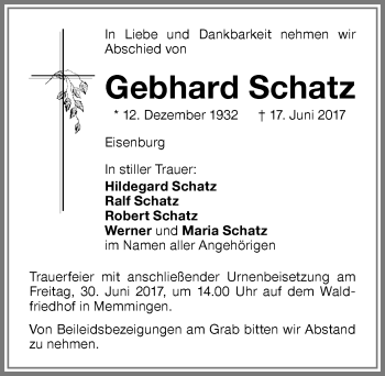 Traueranzeige von Gebhard Schatz von Memminger Zeitung