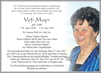 Traueranzeige von Vefi Mayr von Allgäuer Zeitung, Füssen
